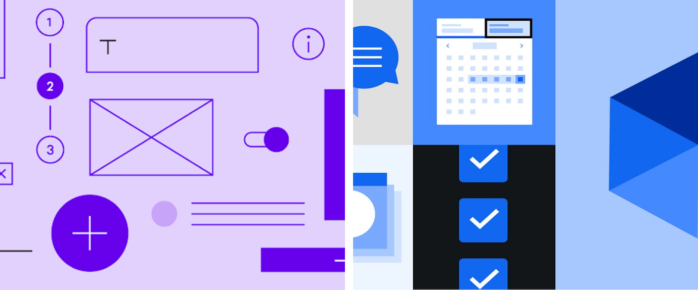 Split screen with purple UI wireframe elements on the left and blue task checklists and calendar UI elements on the right.