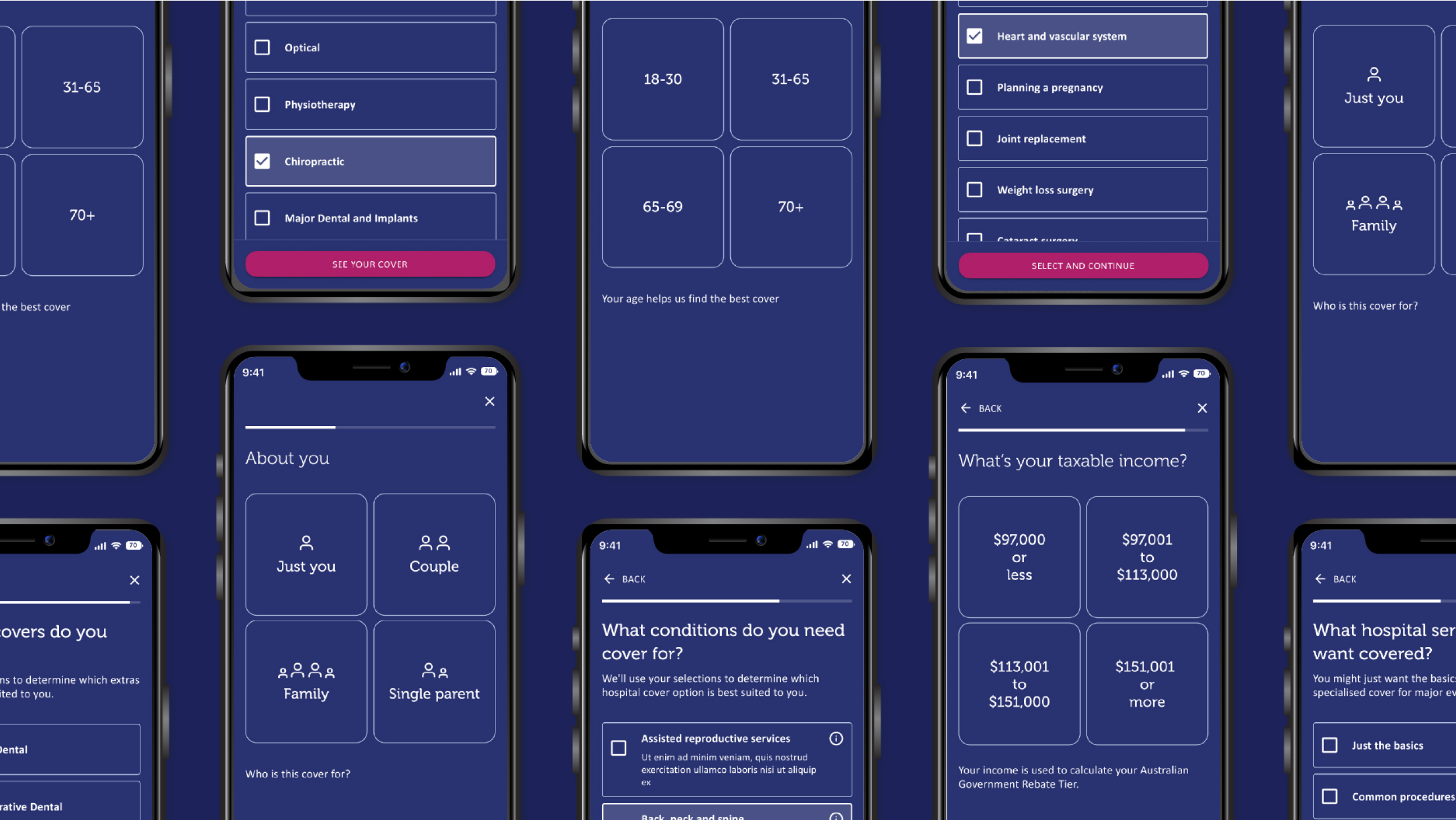 Smartphone screens showing a health insurance app interface with options for age groups, cover types, medical conditions, taxable income, and family status.