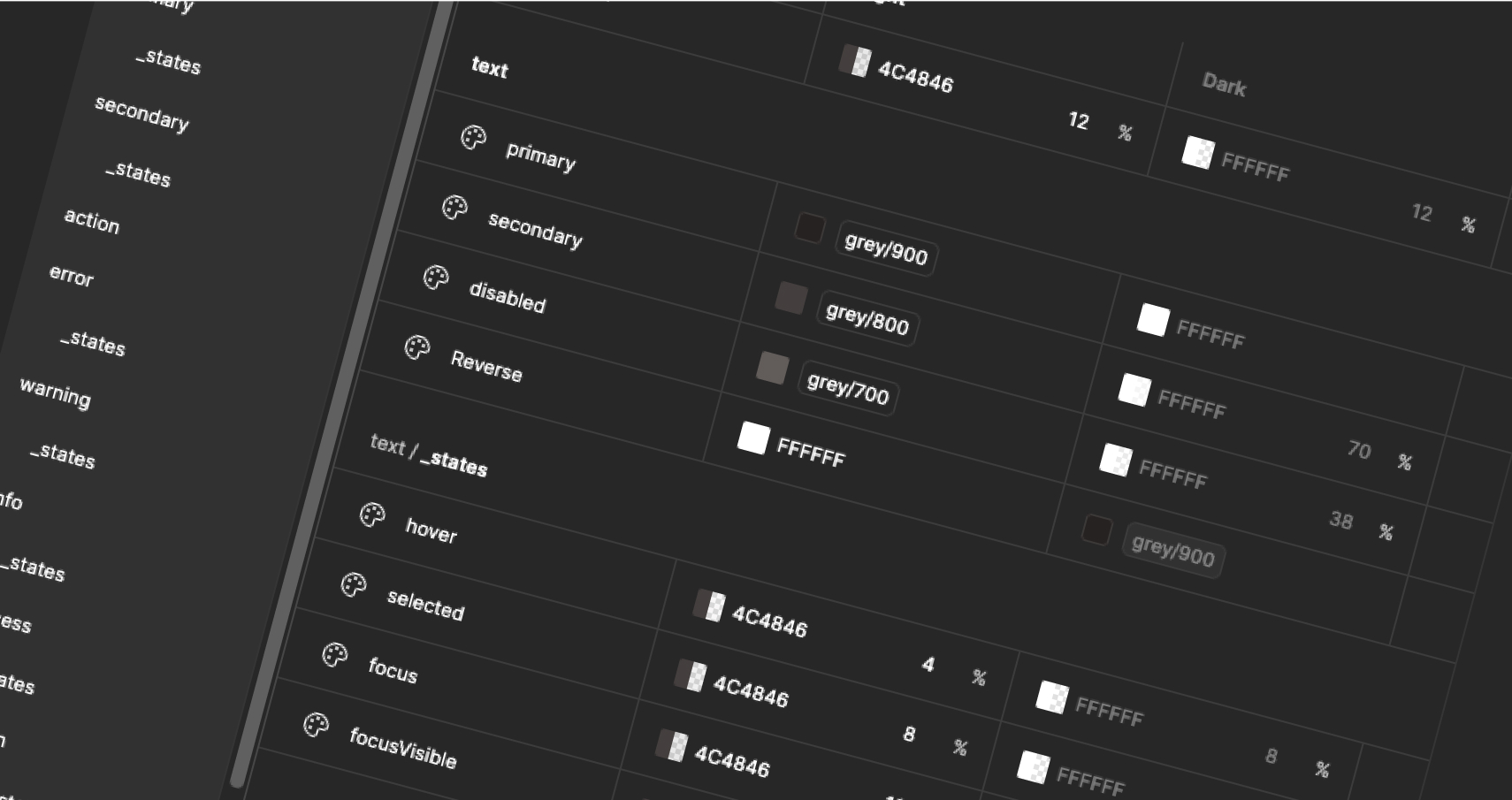 Dark mode color palette table showing text and state colors with hex codes and contrast percentages.