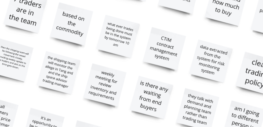 Close-up of scattered sticky notes with handwritten notes about trading teams, contract management, risk monitoring, and meeting reviews.