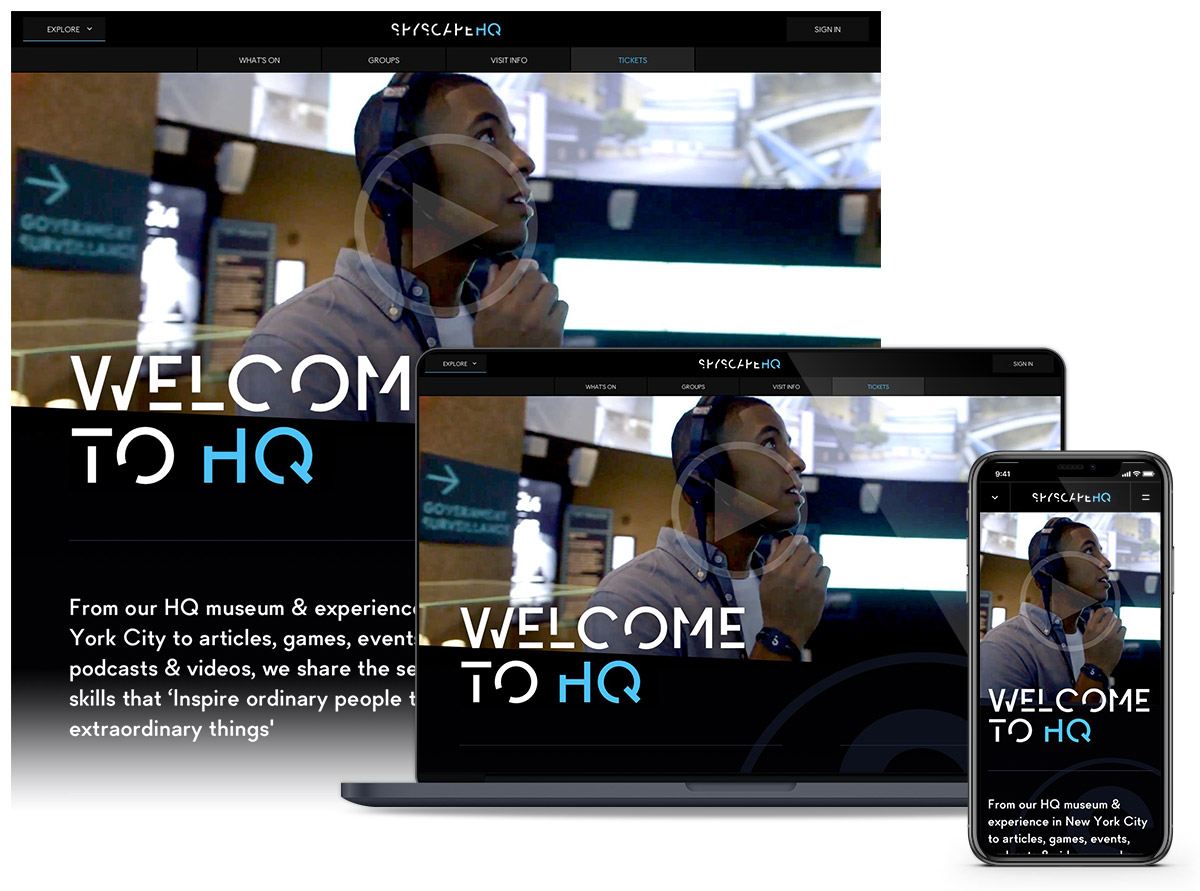 Website homepage showing a man with headphones looking up, displayed on desktop and mobile devices with text welcoming to HQ and describing the museum experience.