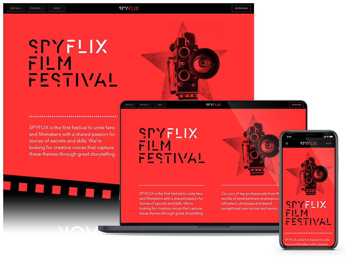 Spyflix Film Festival website displayed on desktop, laptop, and smartphone with a red background, vintage film camera, and descriptive text.