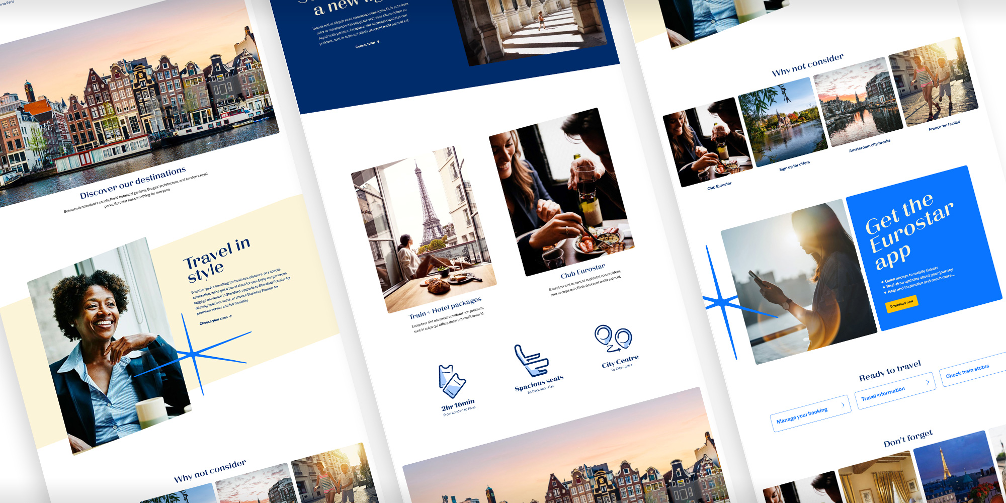Website homepage featuring travel destinations, train and hotel packages, a smiling woman, and a promotion for the Eurostar app.