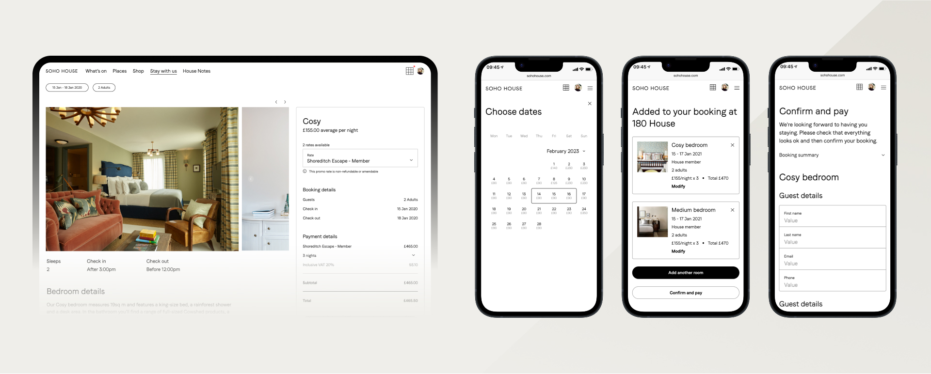 Soho House booking interface showing a cozy bedroom photo and details on a desktop, and three mobile screens displaying date selection, booking summary, and guest details form.
