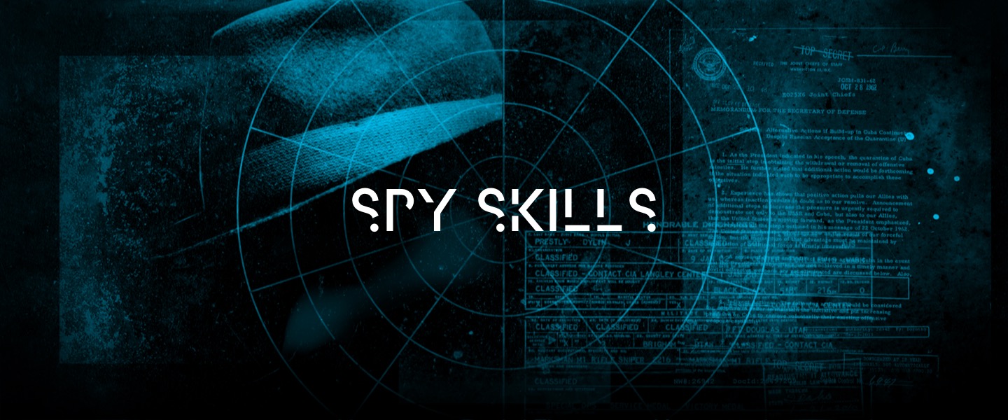 Dark blue radar screen with a fedora hat silhouette and the text 'SPY SKILLS?' in stylized white font.