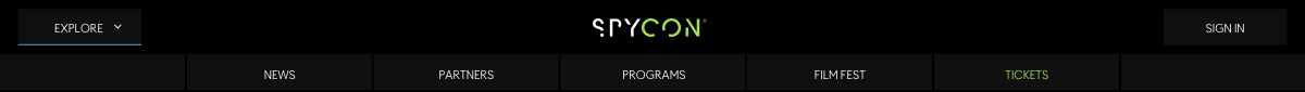 SpyCon website navigation bar with menu options Explore, News, Partners, Programs, Film Fest, Tickets, and Sign In button.