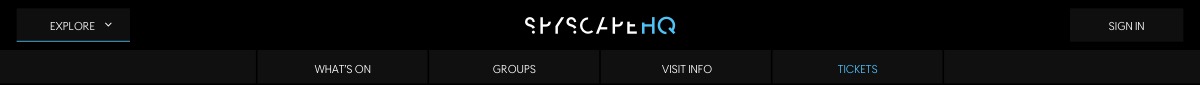 Website navigation bar with Explore dropdown, SpyScape HQ logo, and menu options including What's On, Groups, Visit Info, Tickets, and Sign In button.