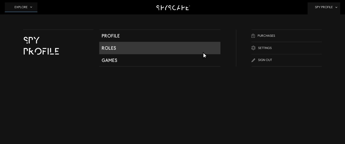 Dark-themed Spy Profile dashboard with menu options for Profile, Roles (highlighted), Games, and sidebar with Purchases, Settings, and Sign Out.