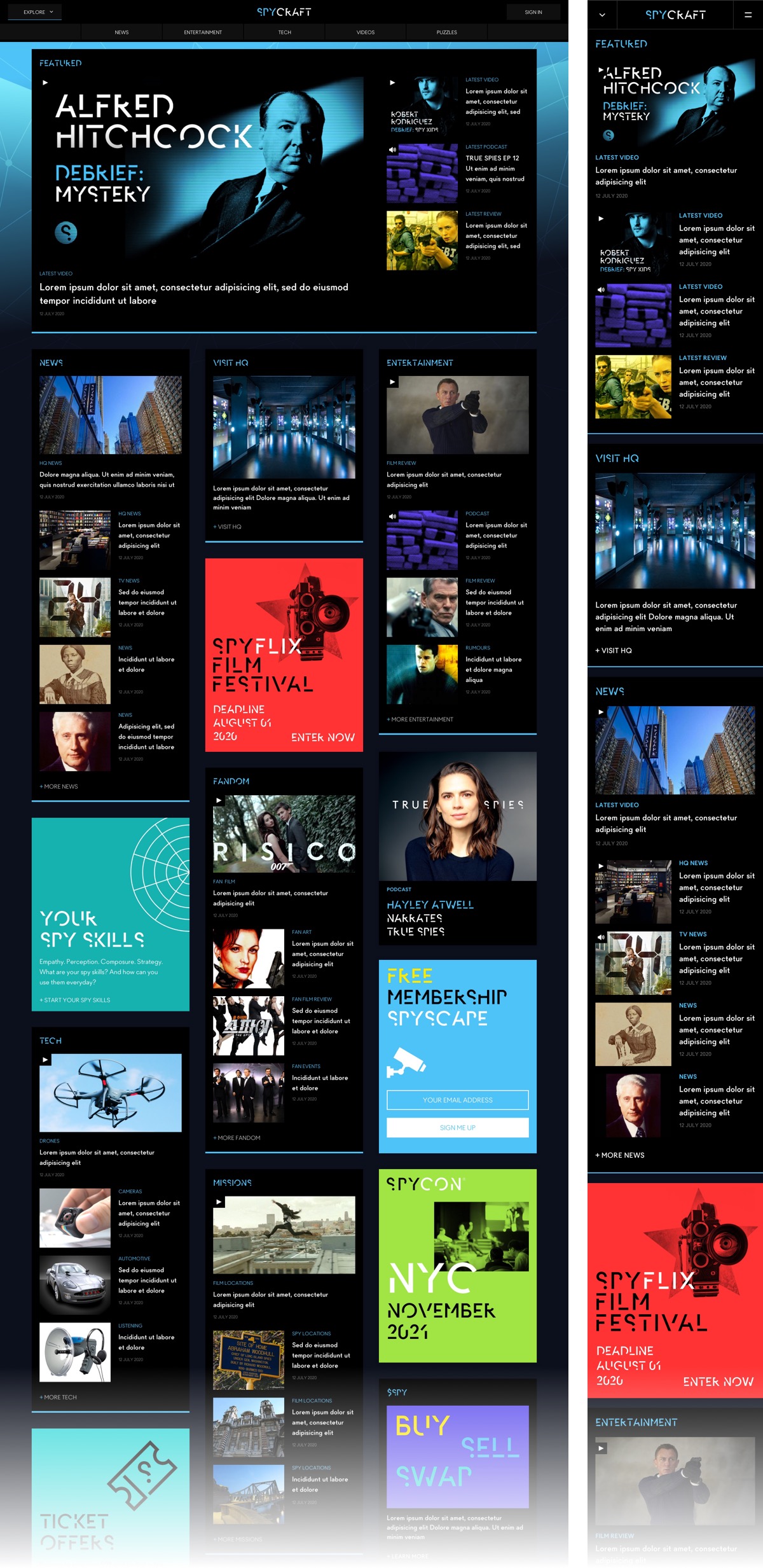 Spycraft website homepage featuring Alfred Hitchcock mystery debrief, news, entertainment, tech, puzzles, film festival, fandom, membership signup, missions, and spy tips sections.