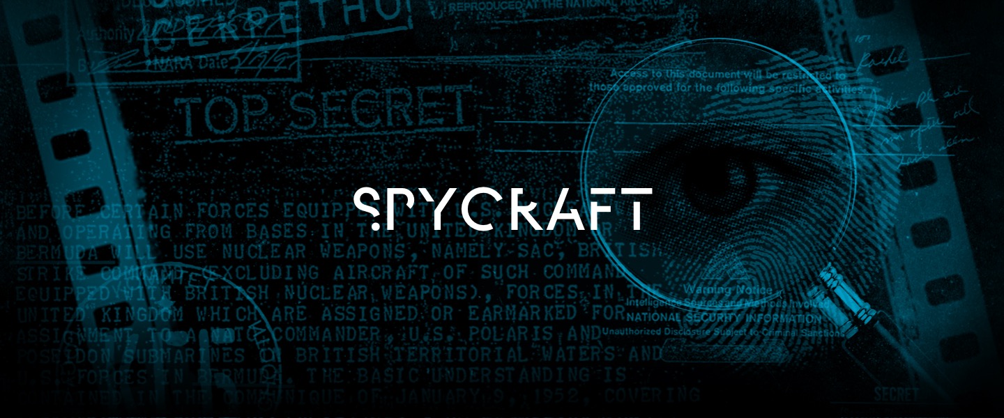 Composite image with top secret classified document text, a fingerprint, an eye, filmstrip edges, and the word 'SPYCRAFT' in white letters.