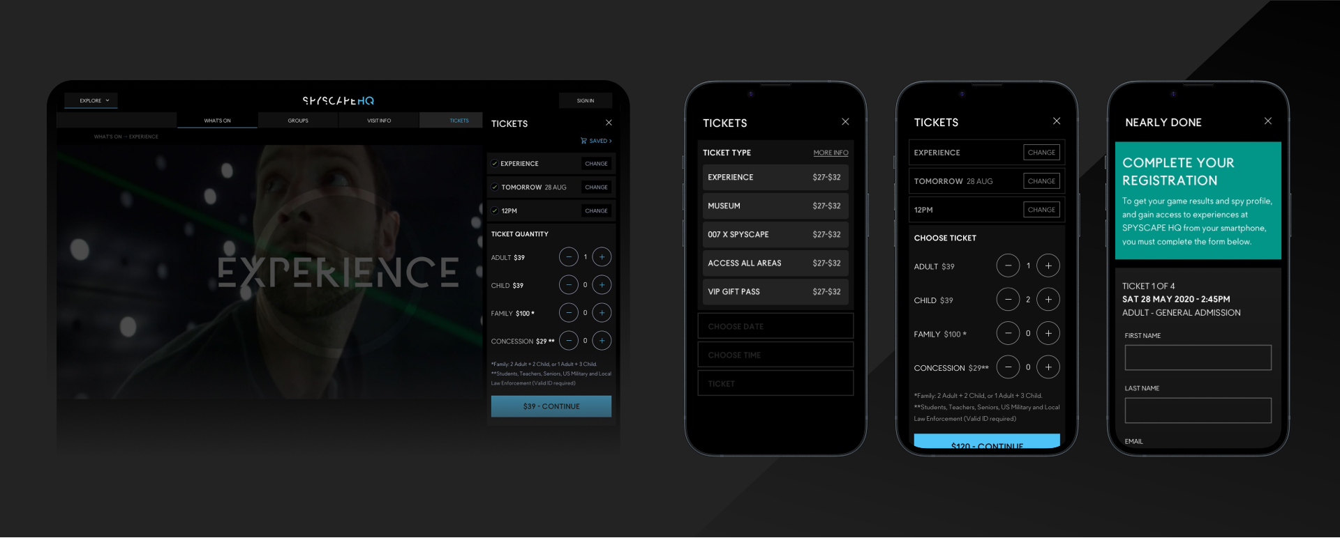 Ticket purchasing interface for SPYSCAPE showing options for experience, date, time, ticket types, quantities, and registration form on desktop and mobile screens.