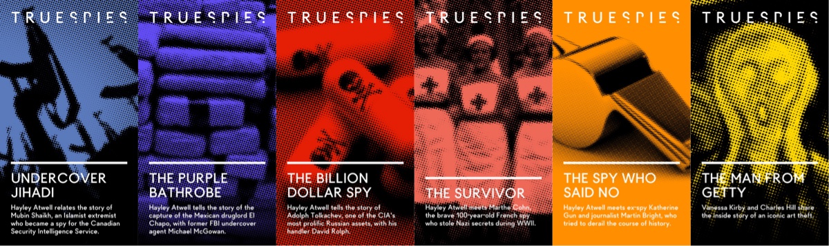 Six True Spies documentary covers featuring Undercover Jihadi, The Purple Bathrobe, The Billion Dollar Spy, The Survivor, The Spy Who Said No, and The Man From Getty.