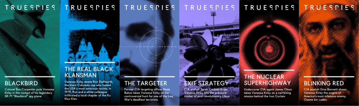 Six stylized True Spies documentary covers featuring black-and-white halftone images tinted with teal, blue, purple, red, and orange, each showing a different spy story title and summary.