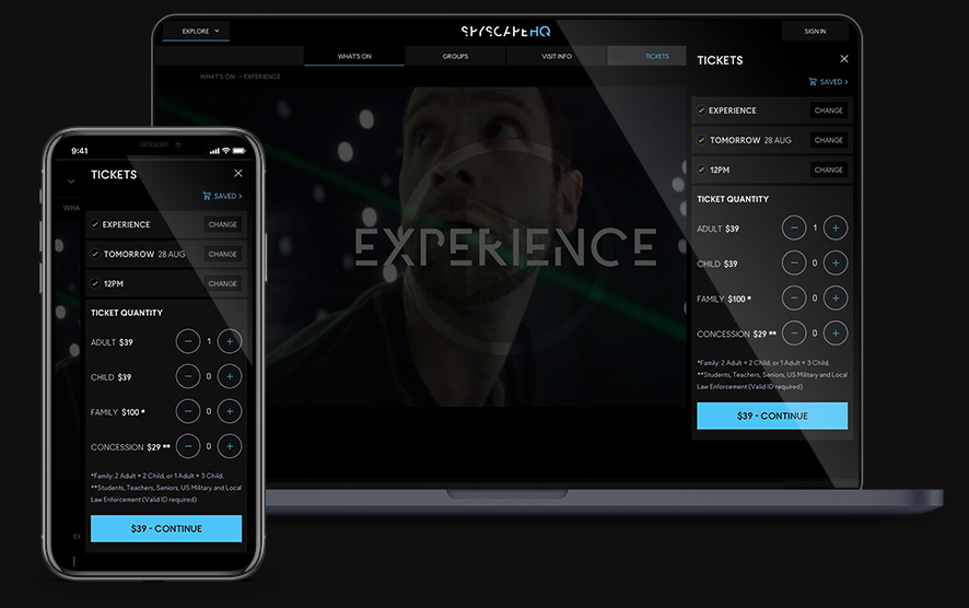 Mobile phone and laptop screens displaying a ticket purchase interface with options for experience, date, time, ticket quantities for adult, child, family, and concession, and a $39 continue button.