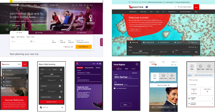 Collage of flight booking websites and mobile apps featuring search fields, destination options, and promotional banners from airlines like Qatar Airways and Qantas.