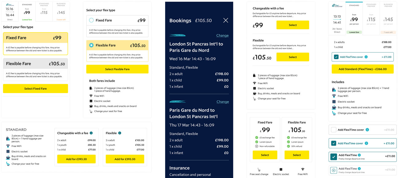 Train ticket booking interface displaying fare options, including Fixed Fare £99 and Flexible Fare £105.50, with luggage allowance, WiFi, and seat change details for London St Pancras to Paris Gare du Nord journey.