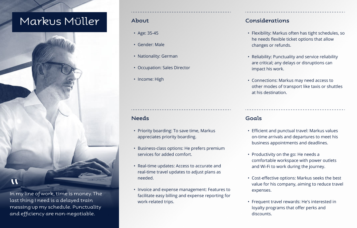 Profile of Markus Müller, a middle-aged German sales director with high income, highlighting his travel needs, considerations, and goals emphasizing punctuality, flexibility, and productivity.