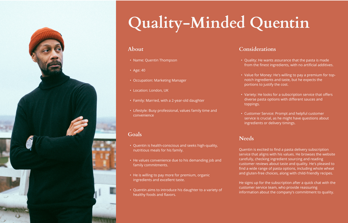 Profile of Quentin Thompson, a man wearing a black turtleneck and red beanie, with text describing his persona, goals, considerations, and needs related to pasta delivery subscription.