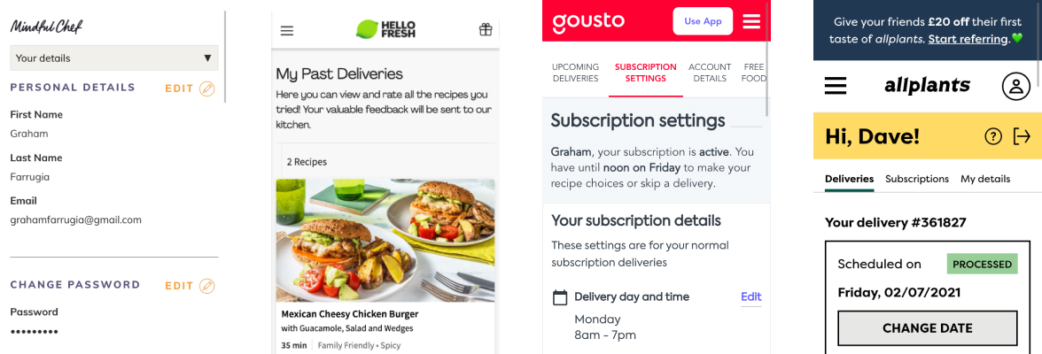 Screenshots of four food subscription service user interfaces showing account details, past deliveries with Mexican cheesy chicken burger, subscription settings, and delivery schedule.