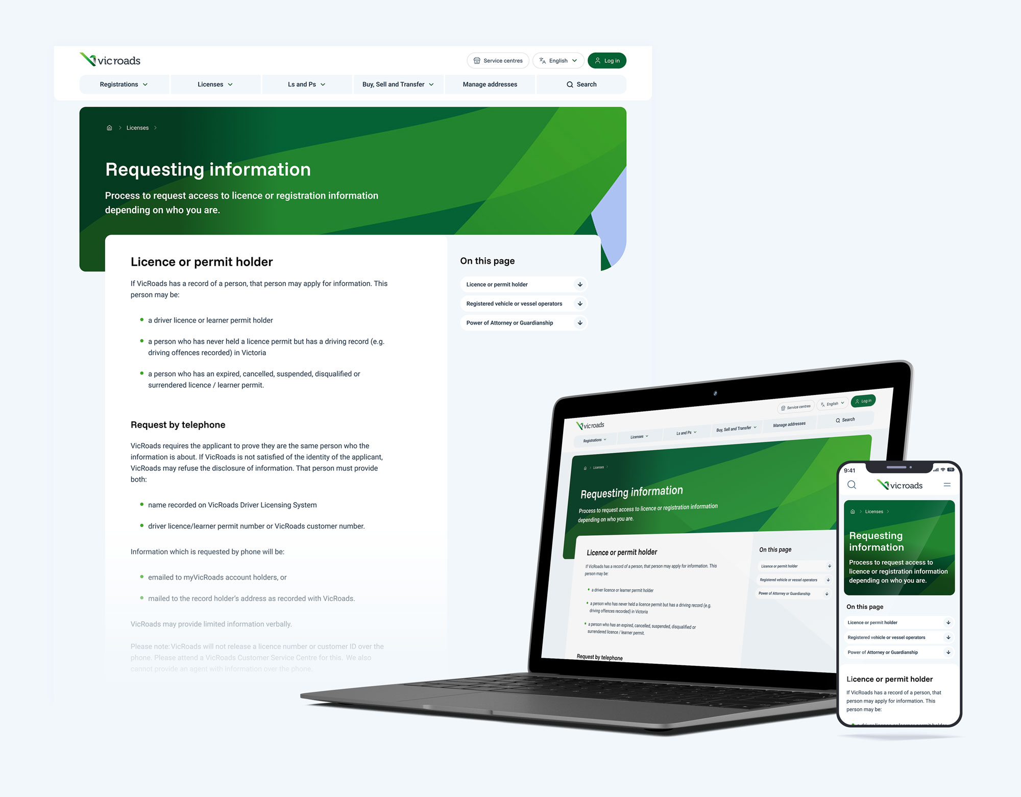 VicRoads website page titled 'Requesting information' displayed on a laptop and smartphone, detailing the process to request access to licence or registration information.
