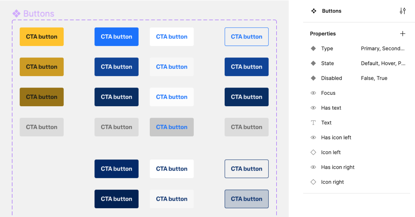 Design system interface displaying various styled CTA buttons in different colors and states with properties options on the right panel.