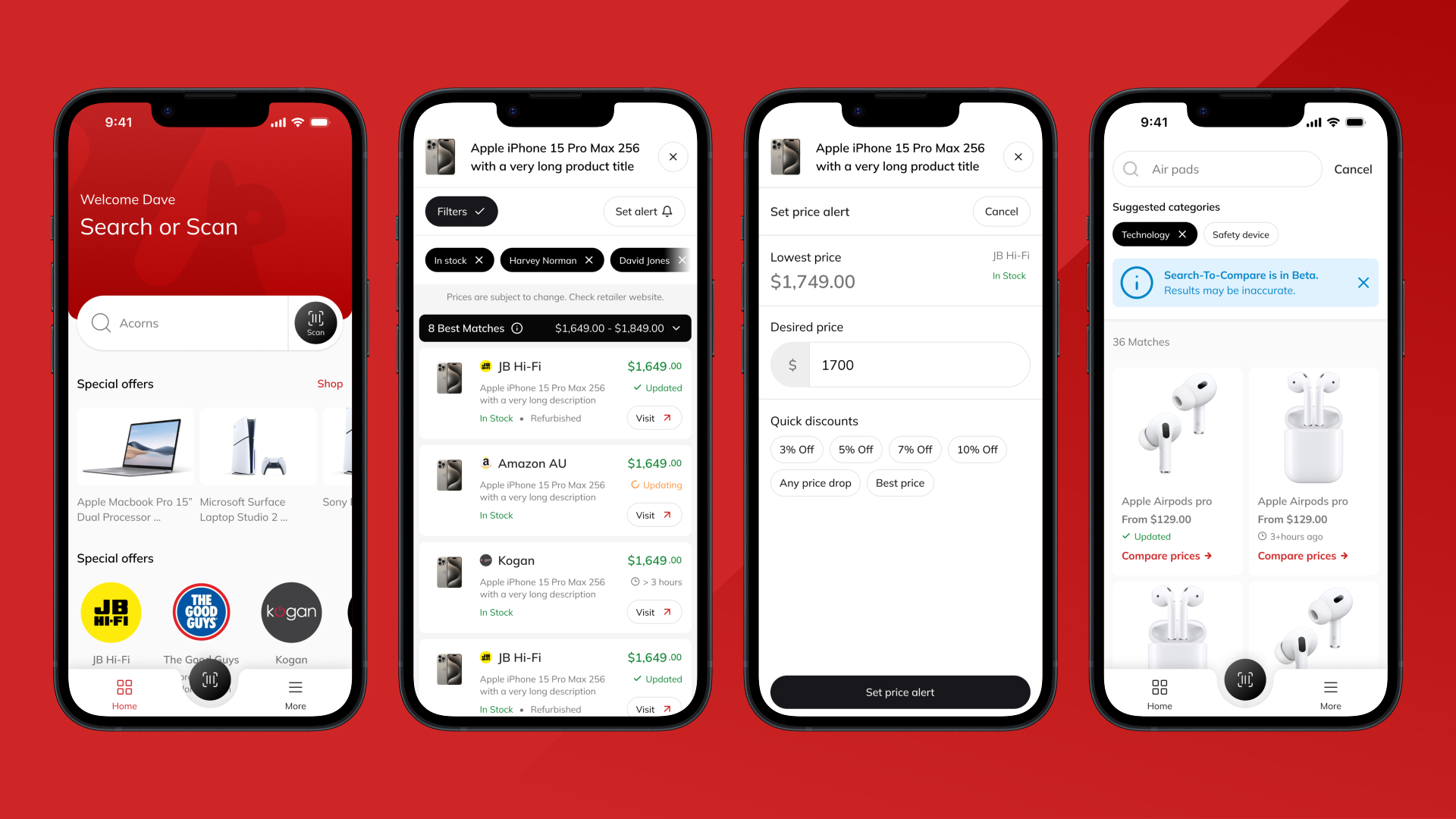 Four smartphone screens showing a shopping app with search, product listings, price alerts, and AirPods product comparison on a red background.