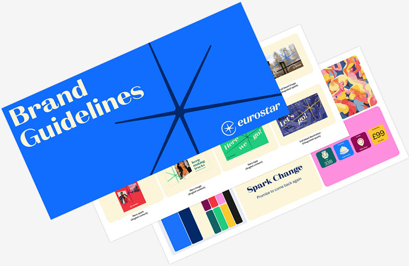 Opened Eurostar brand guidelines booklet with blue cover and design elements along with pages showing color palettes, typography, and icon examples.