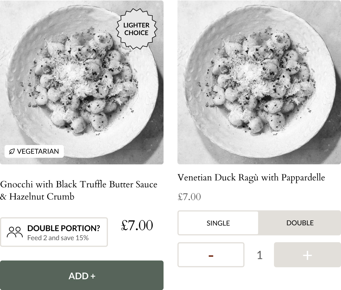 Two plates of gnocchi with grated cheese and black pepper, one labeled vegetarian and lighter choice, menu showing prices and portion options.