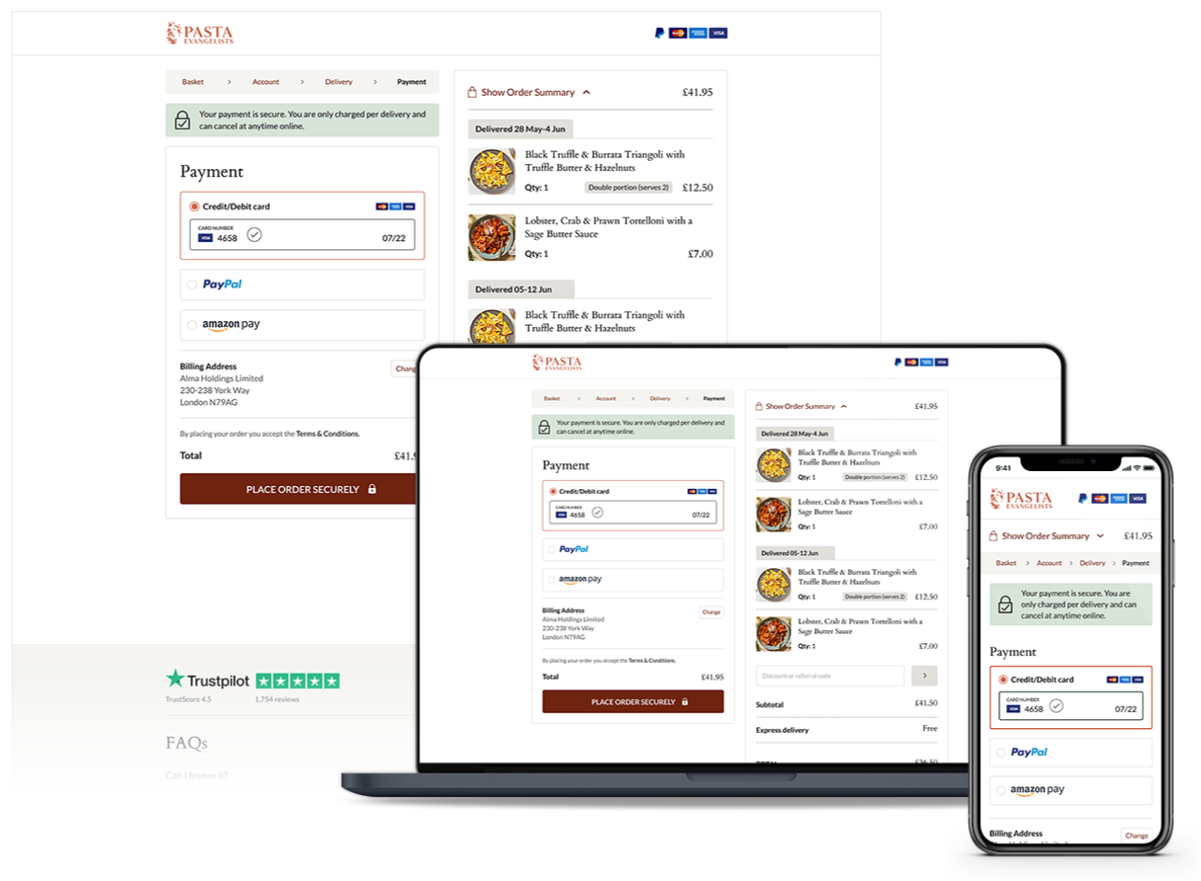 Responsive payment page for Pasta Evangelists featuring credit/debit card, PayPal, and Amazon Pay options, order summary, and secure checkout button shown on desktop, laptop, and mobile devices.