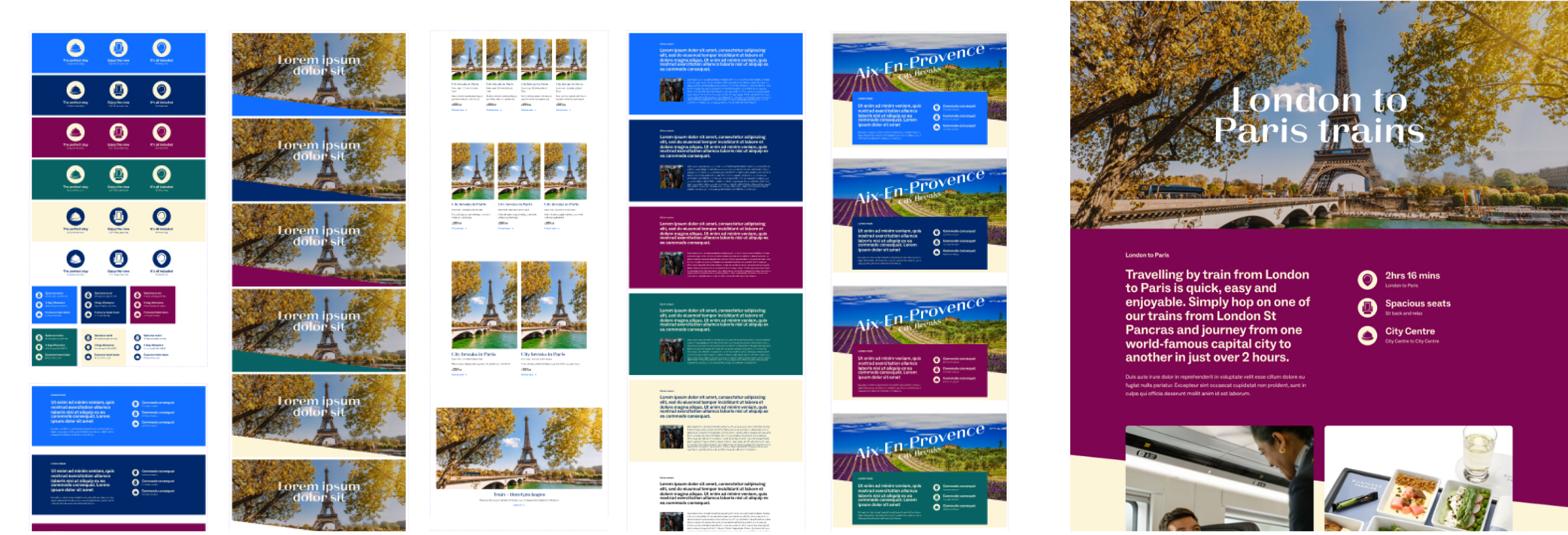 Various website design components featuring the Eiffel Tower with autumn trees, including color swatches, image banners, text blocks, icons for train travel details, and promotional content about London to Paris trains.
