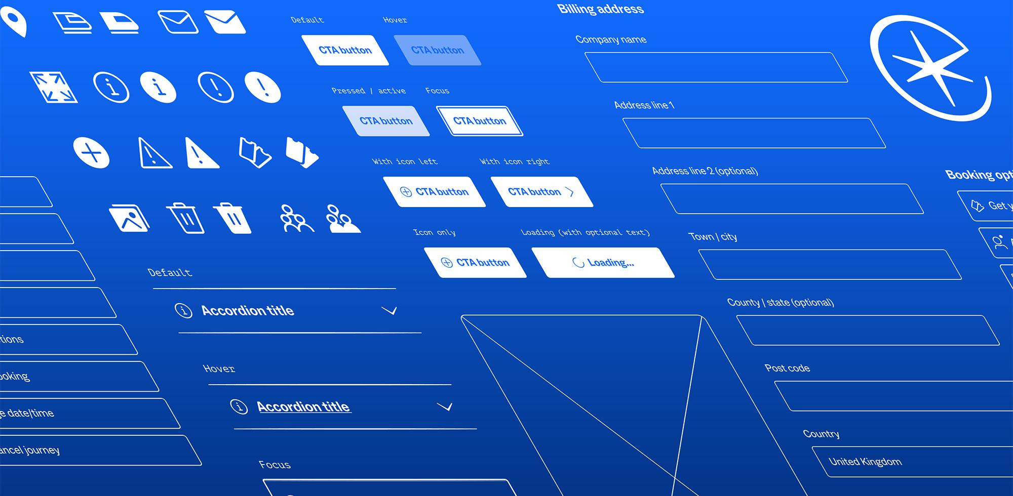 Blue background displaying a digital design system with white UI icons, buttons in different states, and form fields for billing address details.