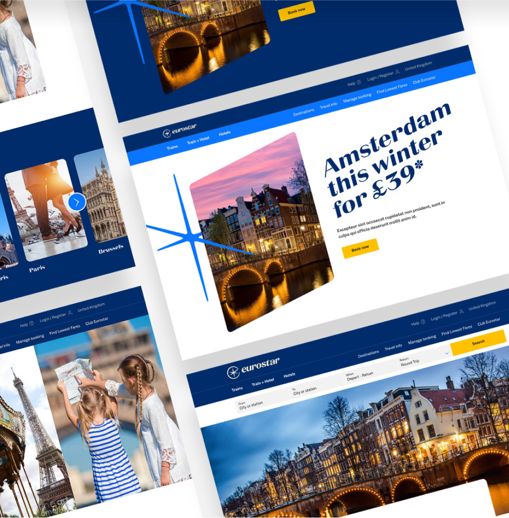 Eurostar website pages showing travel offers including an Amsterdam winter trip for £39 and images of European landmarks like canals and the Eiffel Tower.