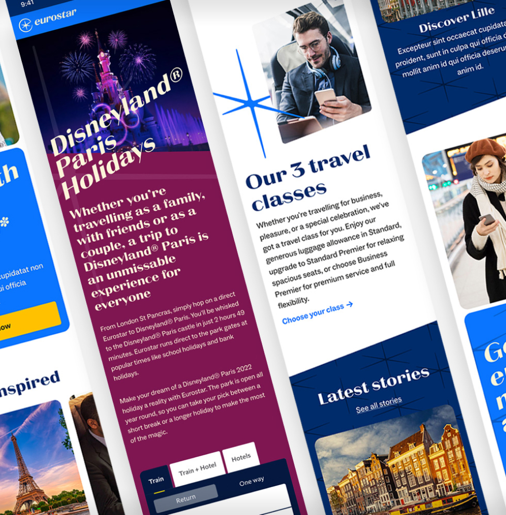 Eurostar webpage showing Disneyland Paris Holidays offer with fireworks over the castle and travel class options.