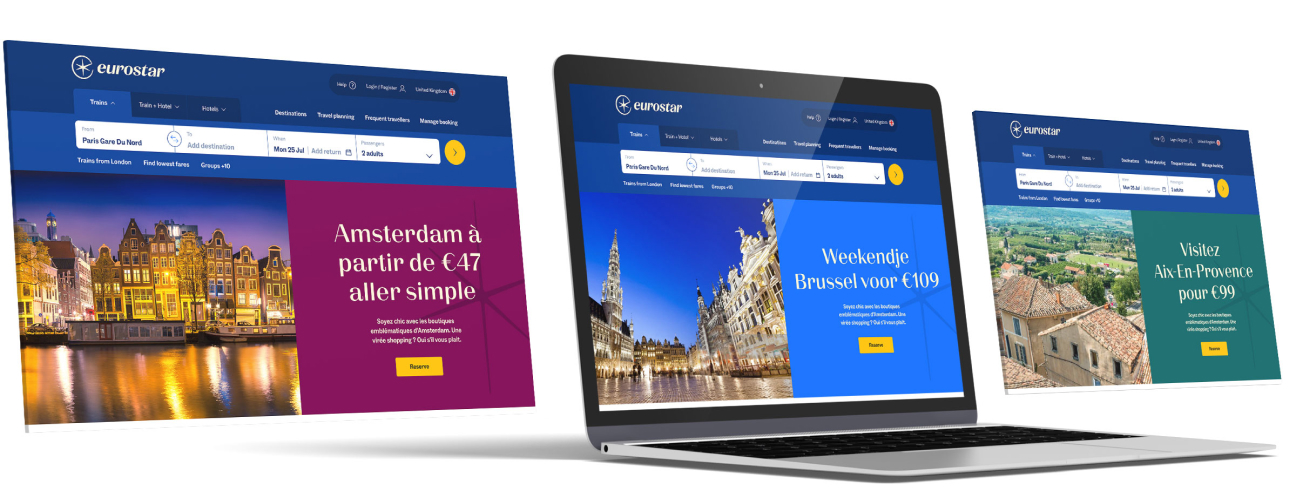 Eurostar website displayed on a laptop and two floating screens, showcasing travel deals to Amsterdam, Brussels, and Aix-En-Provence.