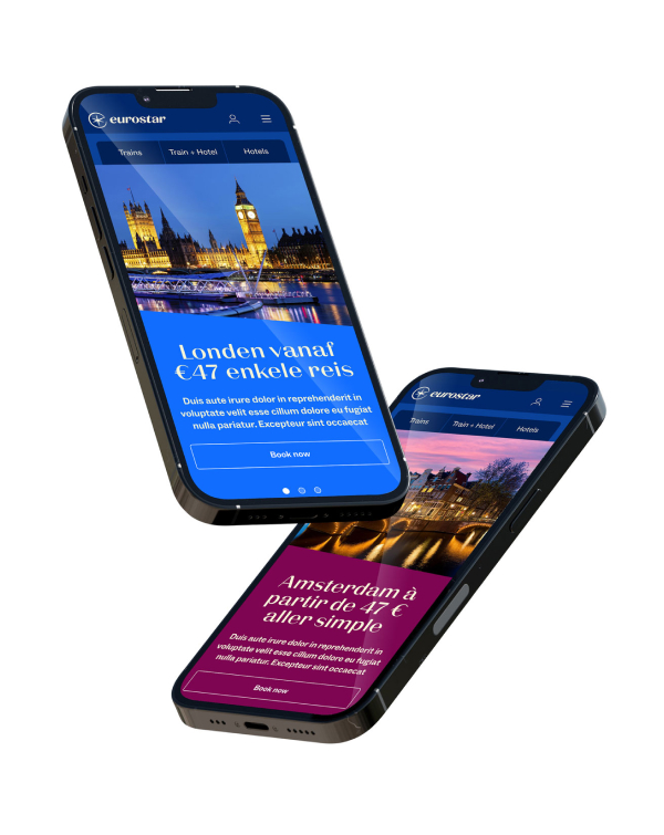 Two smartphones displaying Eurostar travel offers: one screen shows London trips starting at €47 with Big Ben image, the other shows Amsterdam trips starting at €47 with canal houses image.