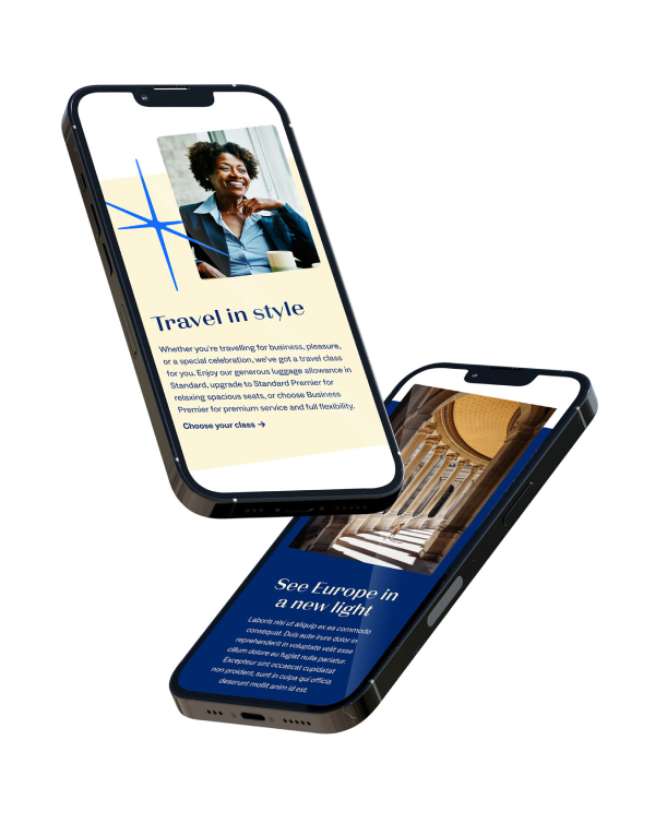 Two smartphones displaying travel-themed screens, one showing a smiling woman with text about travel classes, the other showing architectural columns with text about seeing Europe in a new light.