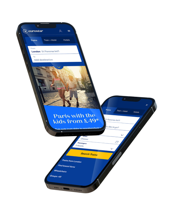 Two smartphones displaying the Eurostar mobile booking site with options for trains, hotels, and a promotional banner for Paris trips from £49.