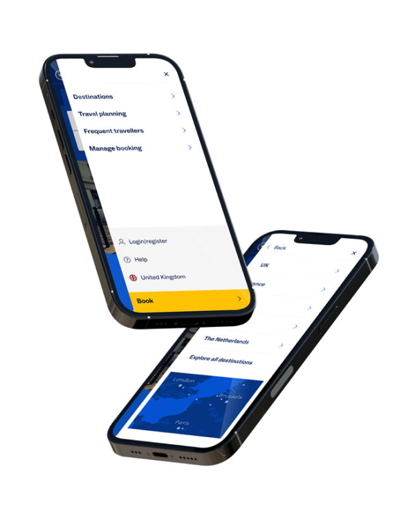 Two smartphones displaying a travel app menu with options for destinations, travel planning, frequent travelers, and booking, alongside a map highlighting European cities.