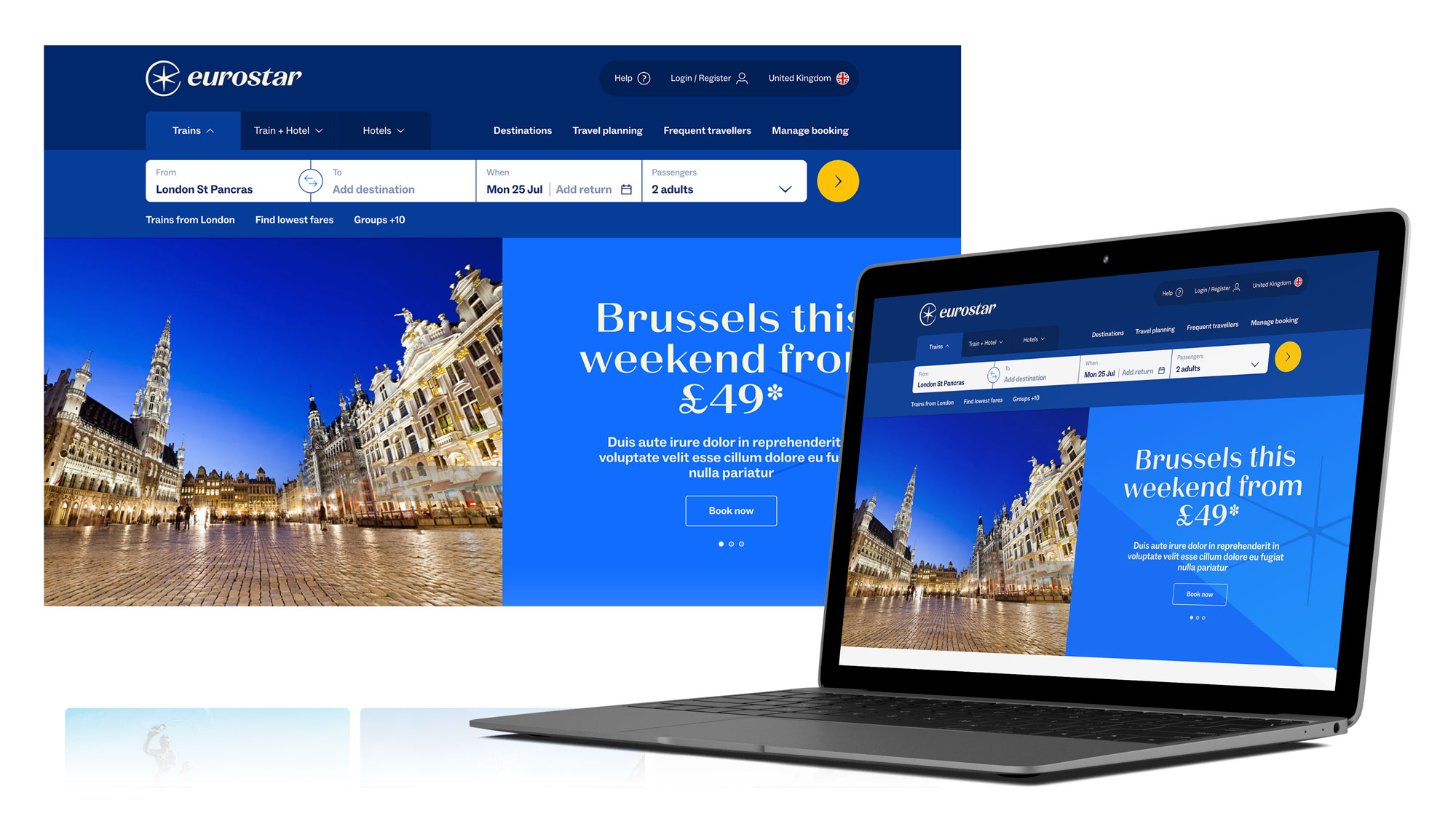 Eurostar website homepage showing a booking form for trains and hotels and a promotion for Brussels trips from £49, displayed on a laptop with a nighttime city square image.
