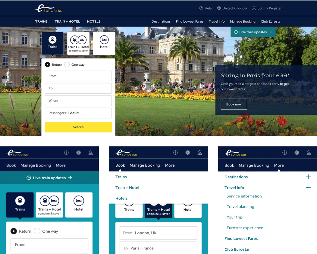 Eurostar booking webpage with search options for trains, train plus hotel, and hotel; background image of a historic Parisian garden with people and flowers.