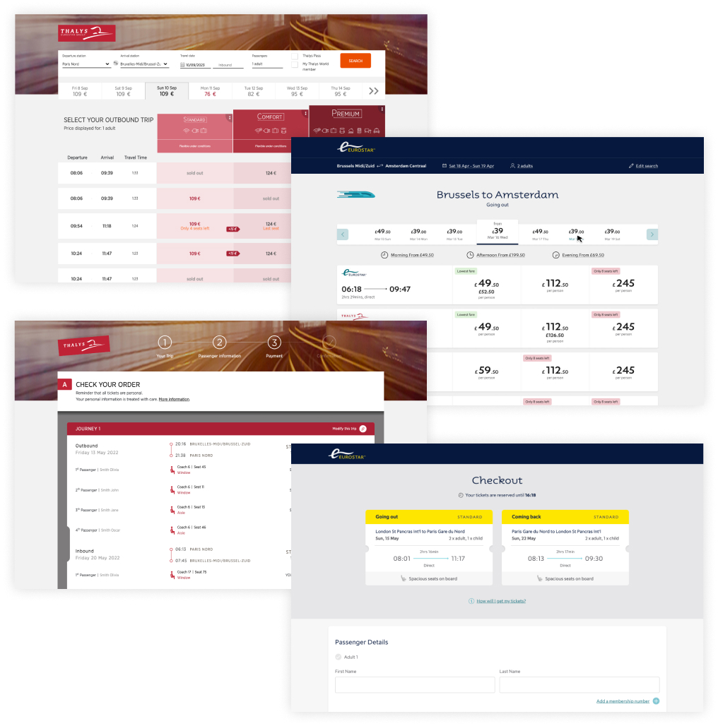 Collage of train booking interface screenshots showing trip search, fare options, order review, and passenger details from Thalys and Eurostar services.