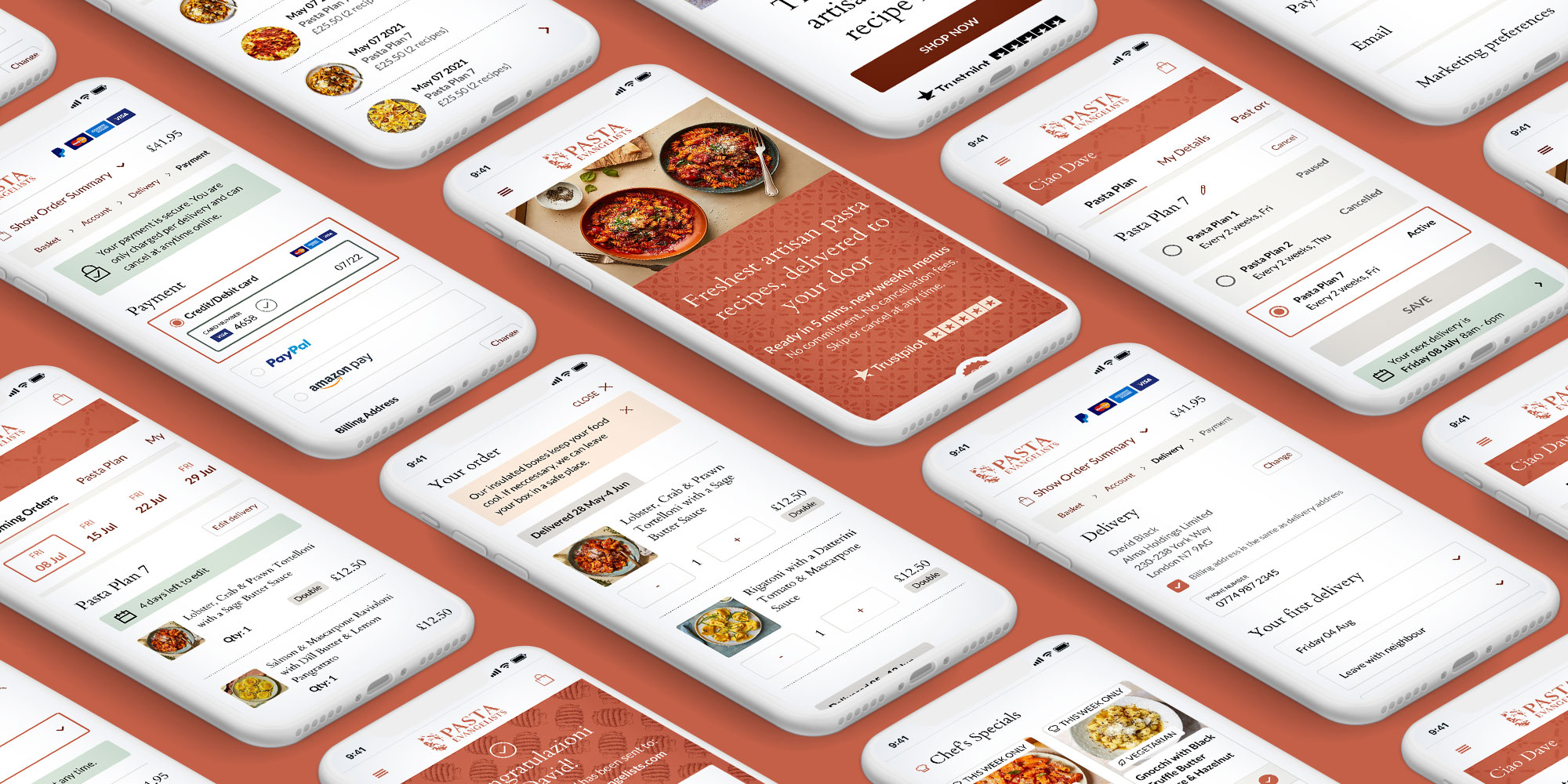 Multiple smartphone screens displaying a pasta recipe delivery app with menus, order summary, payment, and subscription plan options on a terracotta background.