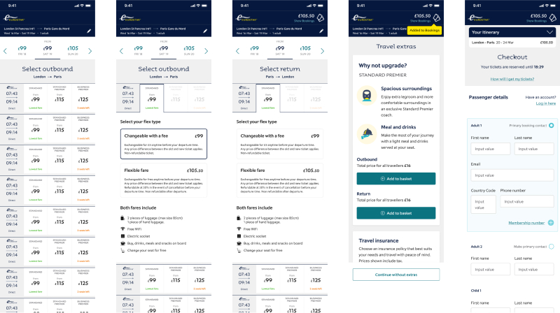Mobile app screens showing train ticket booking process including outbound and return train selection, fare types with prices, travel extras upgrade options, and checkout page asking for passenger details and payment.