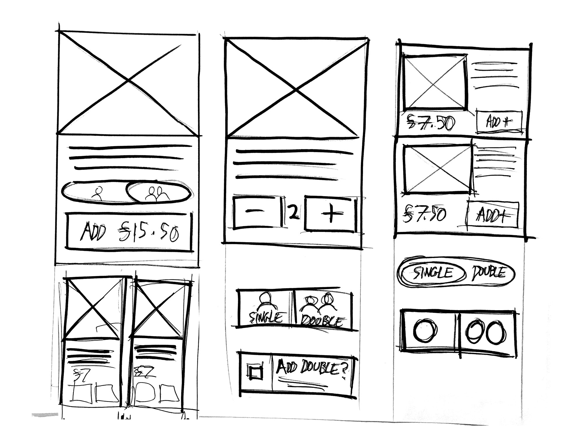 Hand-drawn wireframe sketches of three mobile app interfaces showing product images, pricing, add buttons, quantity selectors, and single or double options.
