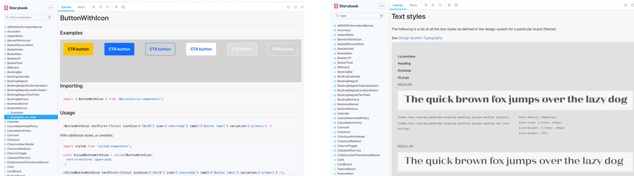 Split screen showing Storybook UI with left panel listing components; right panel displays ButtonWithIcon examples and usage code on left side, and Text styles with typography samples on right side.