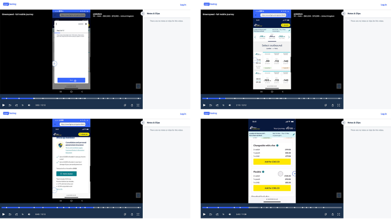 Four screenshots showing a usability testing session of a mobile app with screens of user login, fare selection, personal information input, and ticket options.