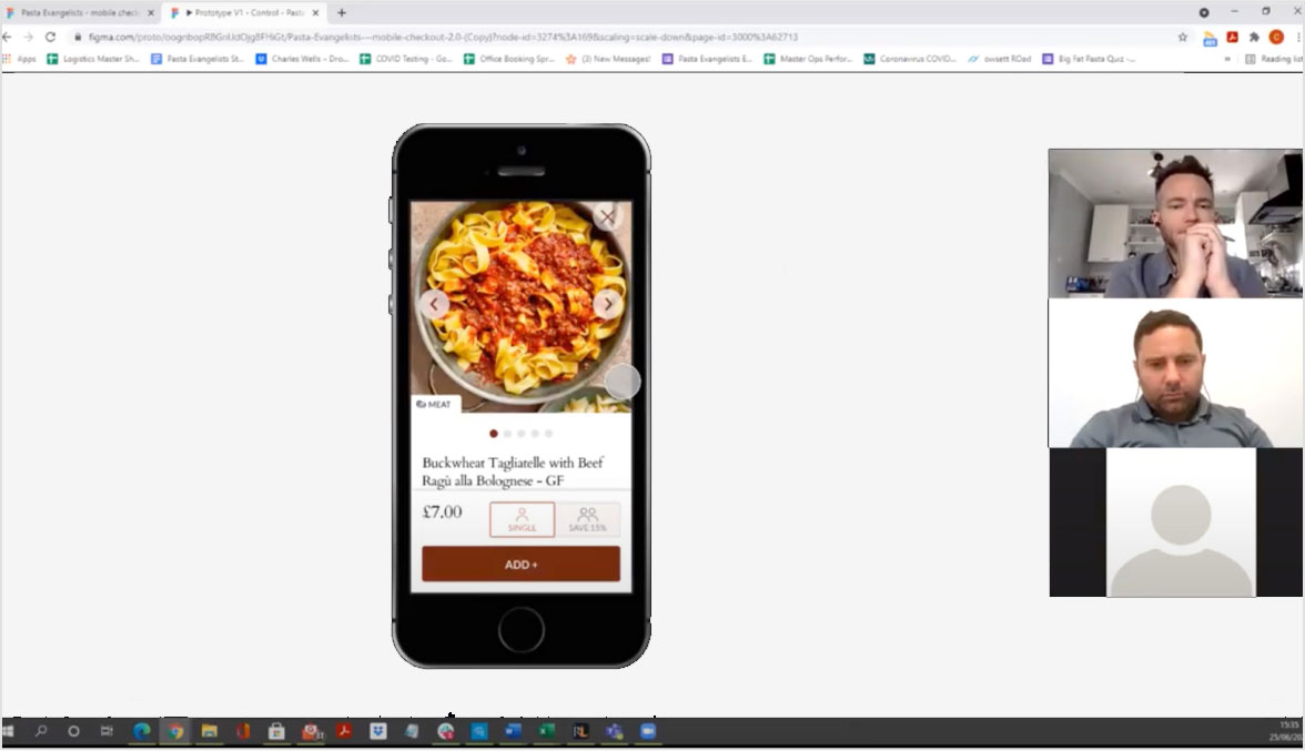 Screenshot of a video call with three participants on the right and a mobile phone display on the left showing a pasta dish ordering app featuring Buckwheat Tagliatelle with Beef Ragù alla Bolognese priced at £7.00.