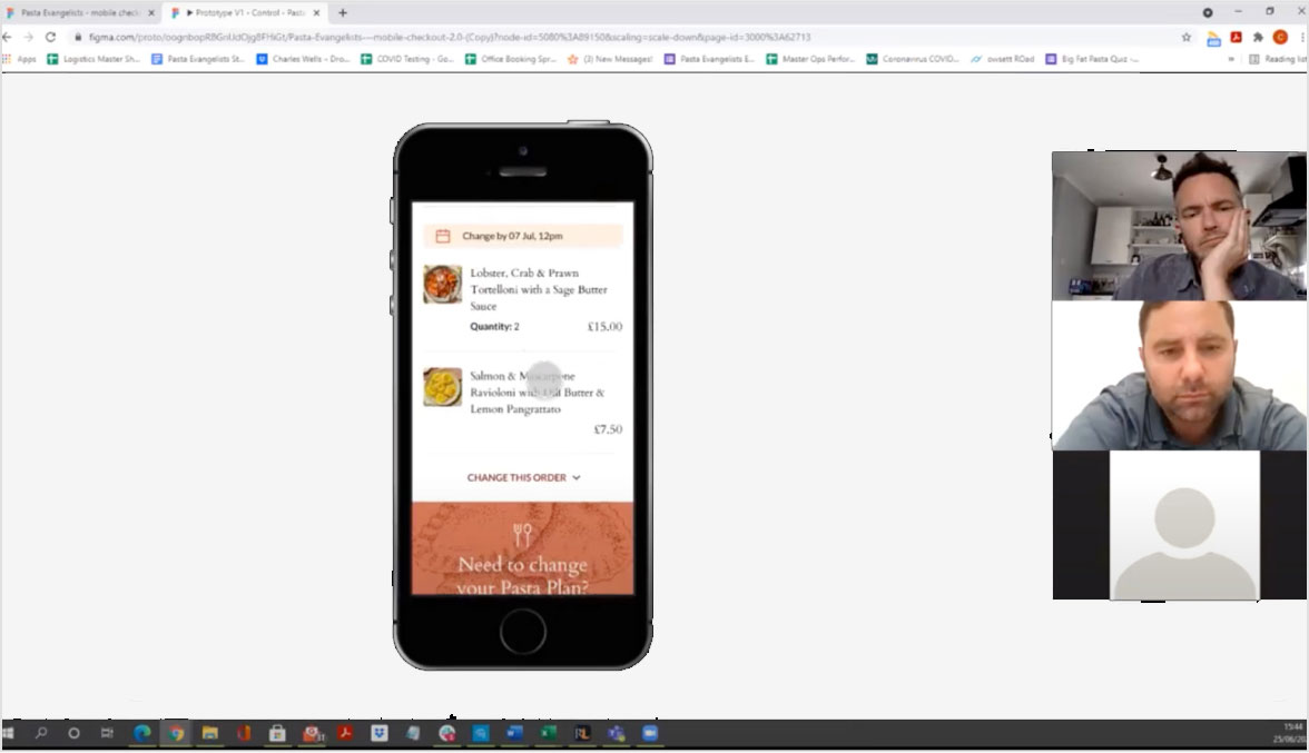 Screen showing a mobile checkout page for a pasta order on a phone mockup, alongside three participants in a video call.