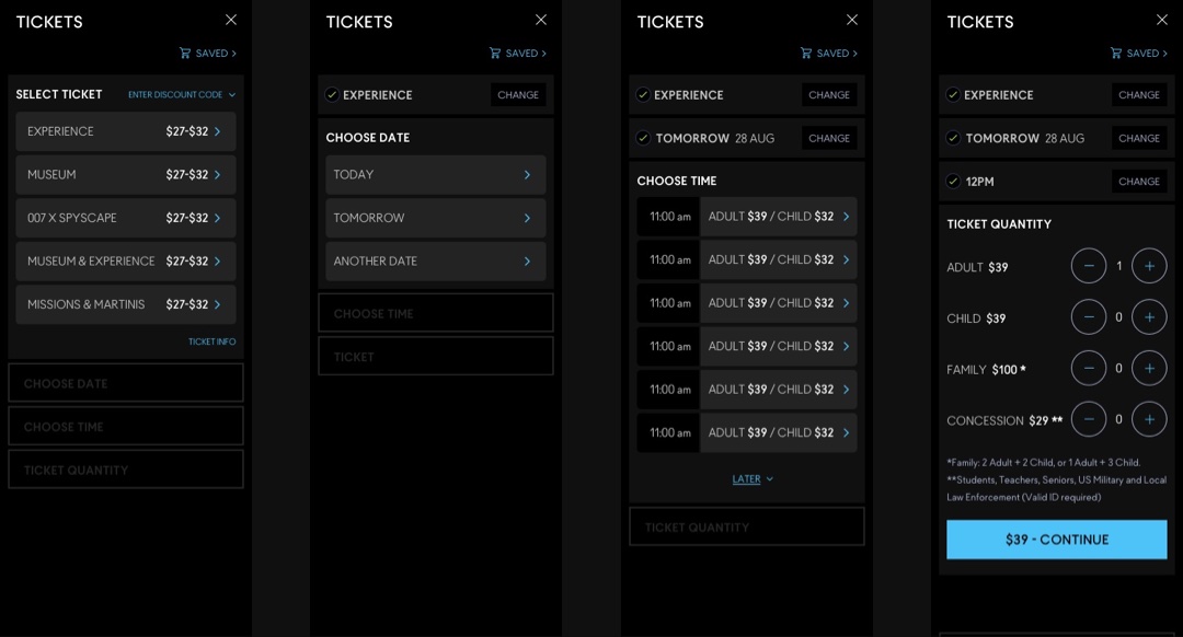 Four sequential screenshots of a dark-themed ticket booking app showing ticket selection, date choice, time slots with pricing for adults and children, and quantity selection with a blue continue button at the bottom.