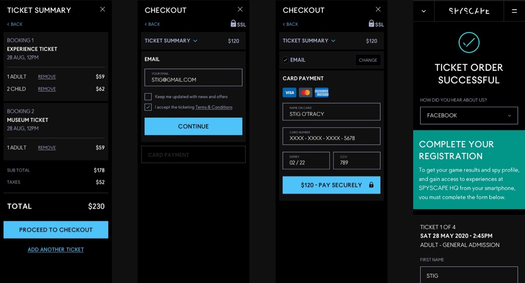Four mobile screen views showing an online ticket purchase flow: ticket summary listing two bookings and total price, email input with terms acceptance and continue button, card payment form with masked card number and pay securely option, and order success confirmation with registration details.